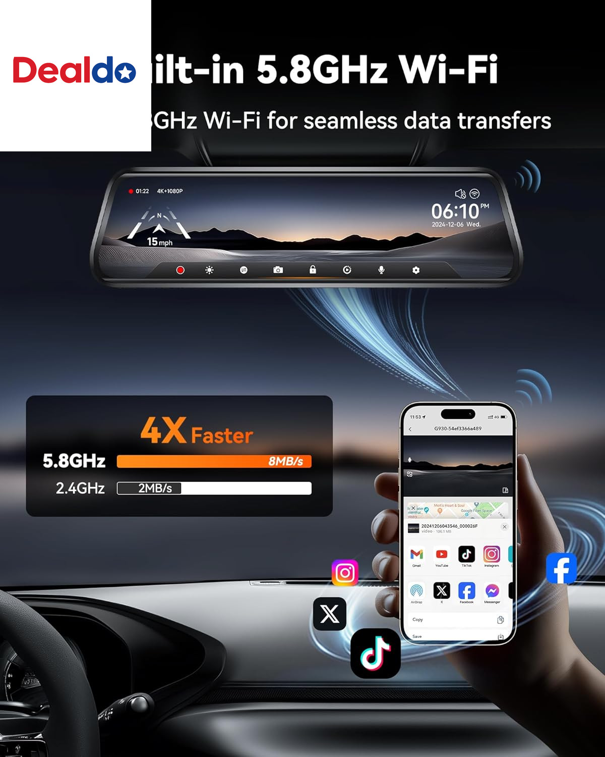 G930 10” Rear View Mirror Camera with 5.8Ghz Wifi, 4K Dash Cam Front and Rear w
