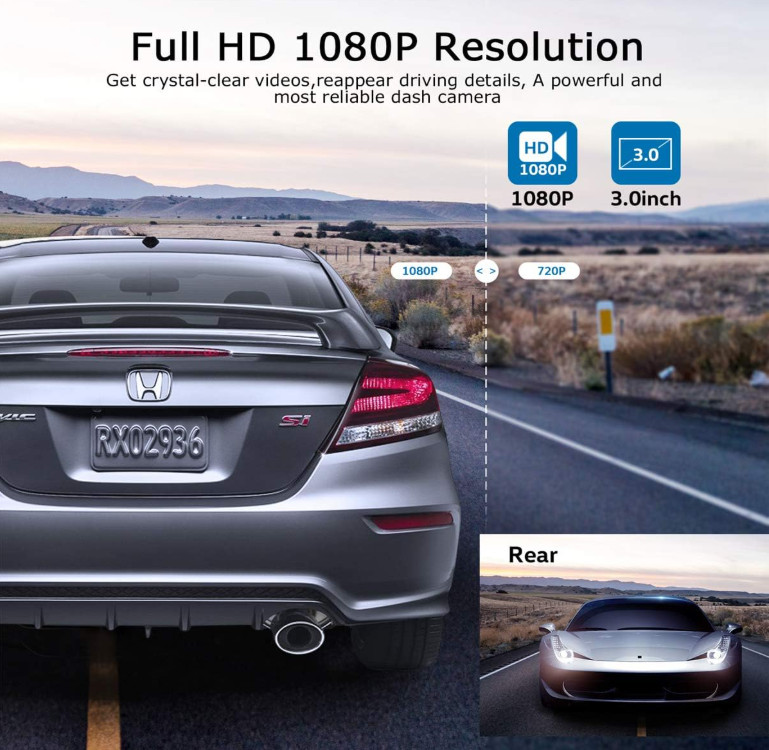 Cámara dual 1080P frontal y trasera con visión nocturna, G-Sensor y pantalla 3”