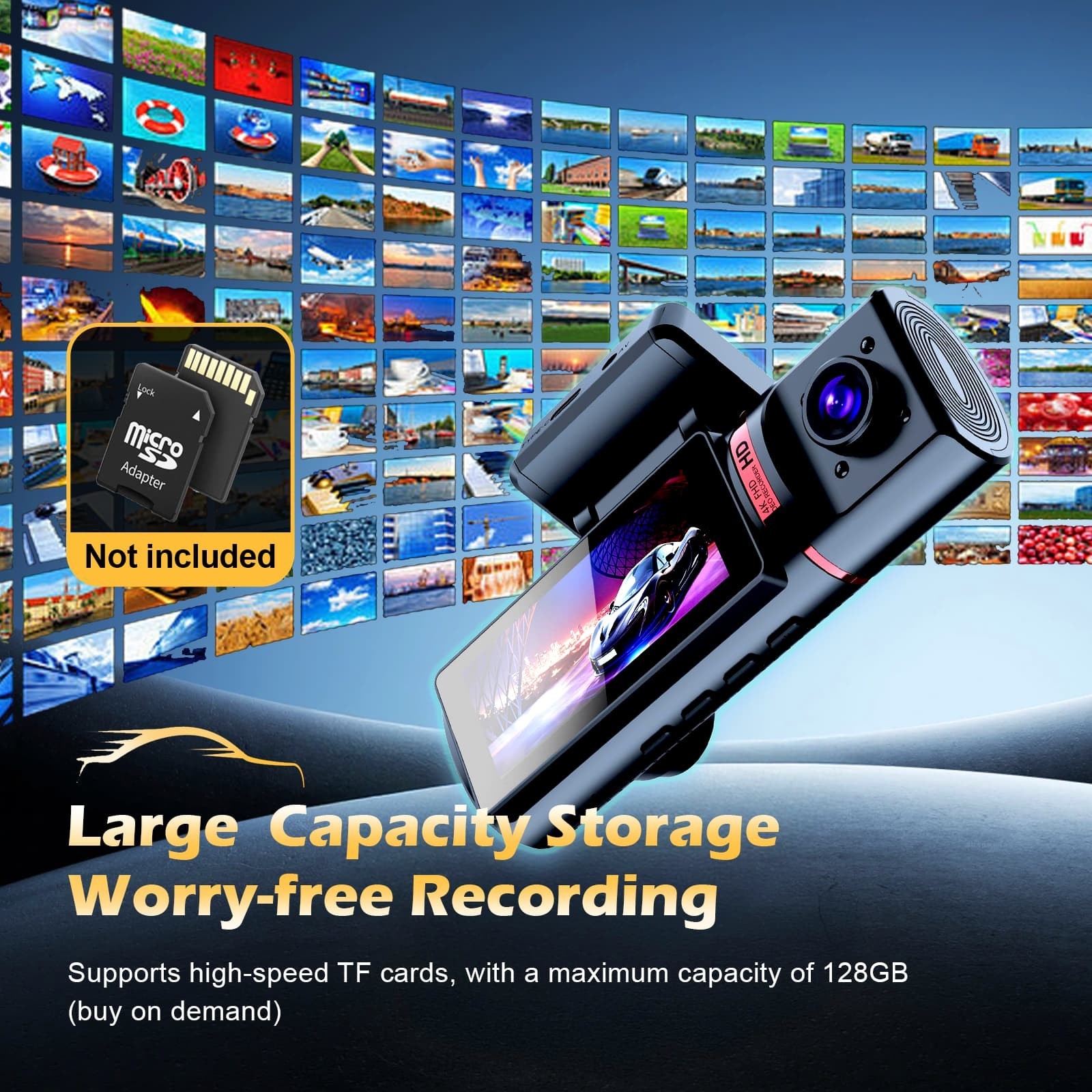 4K 3 Channel Dash Cam Car DVR GPS WIFI Front Rear Cabin Camera with Hardwire Kit