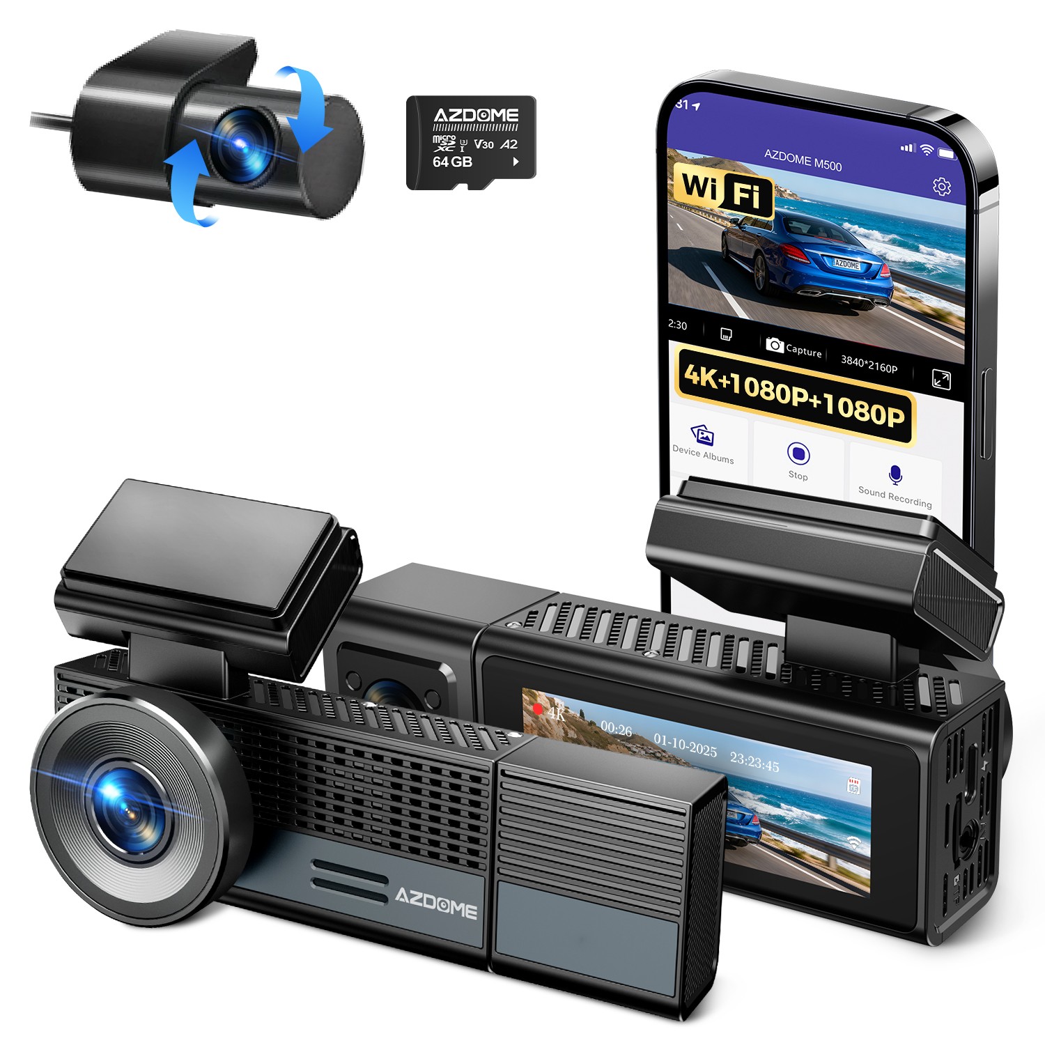 AZDOME 4K Dash Cam Front&Cabin&Rear WiFi Parking Mode Voice Control 64GB SD Card