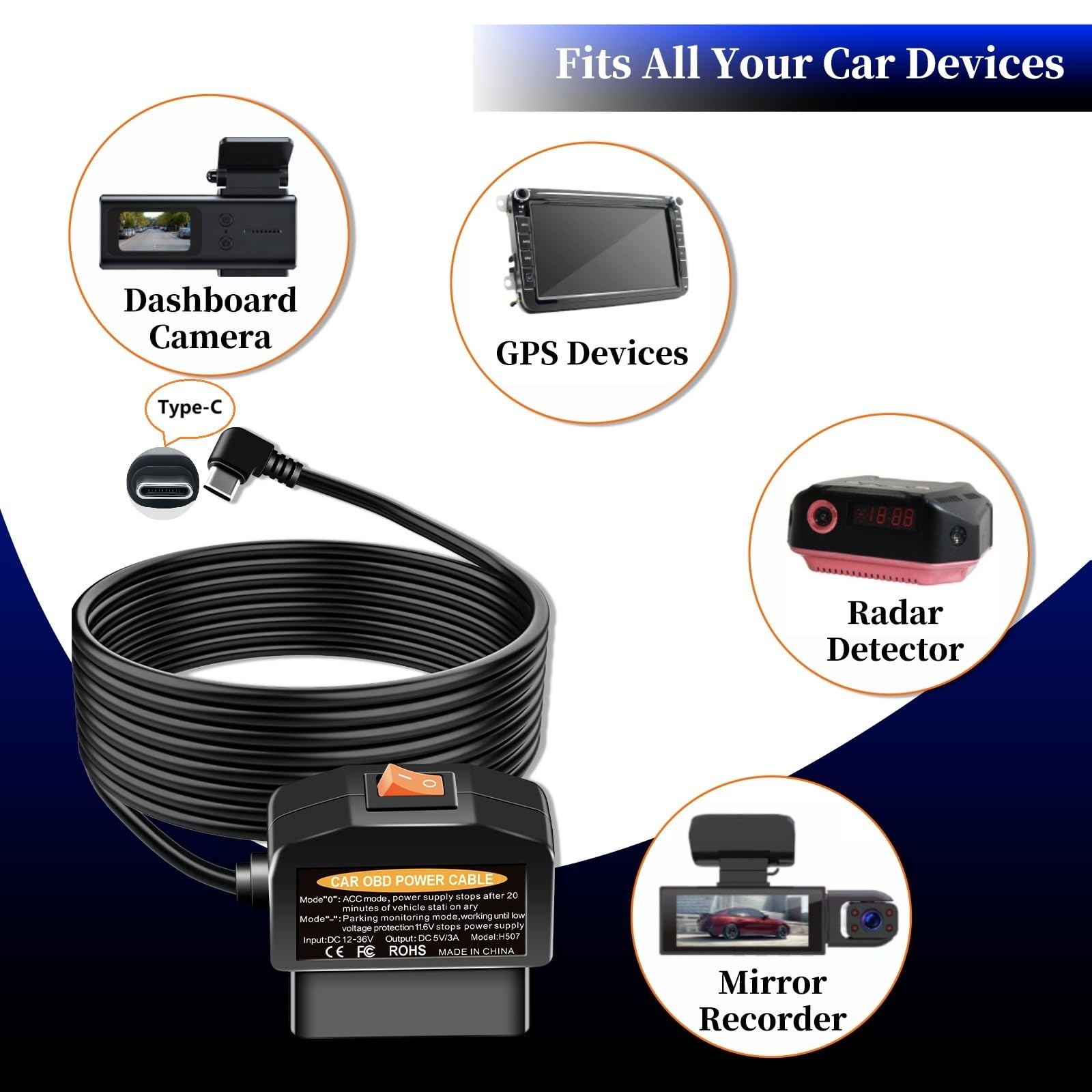 OBD2 dash cam power cable USB C ,OBD to Type-C Adapter Hardwire Kit with 24/7…