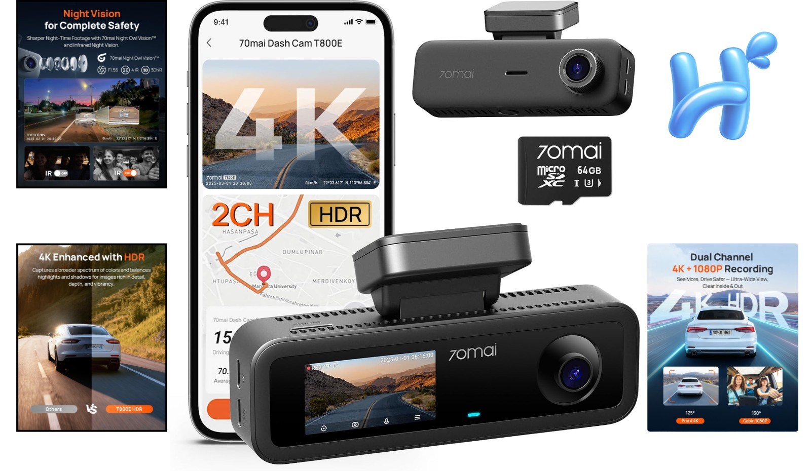 Dash Cam 4K UHD Front Interior 24H Parking GPS Wi-Fi 6 Loop 64GB