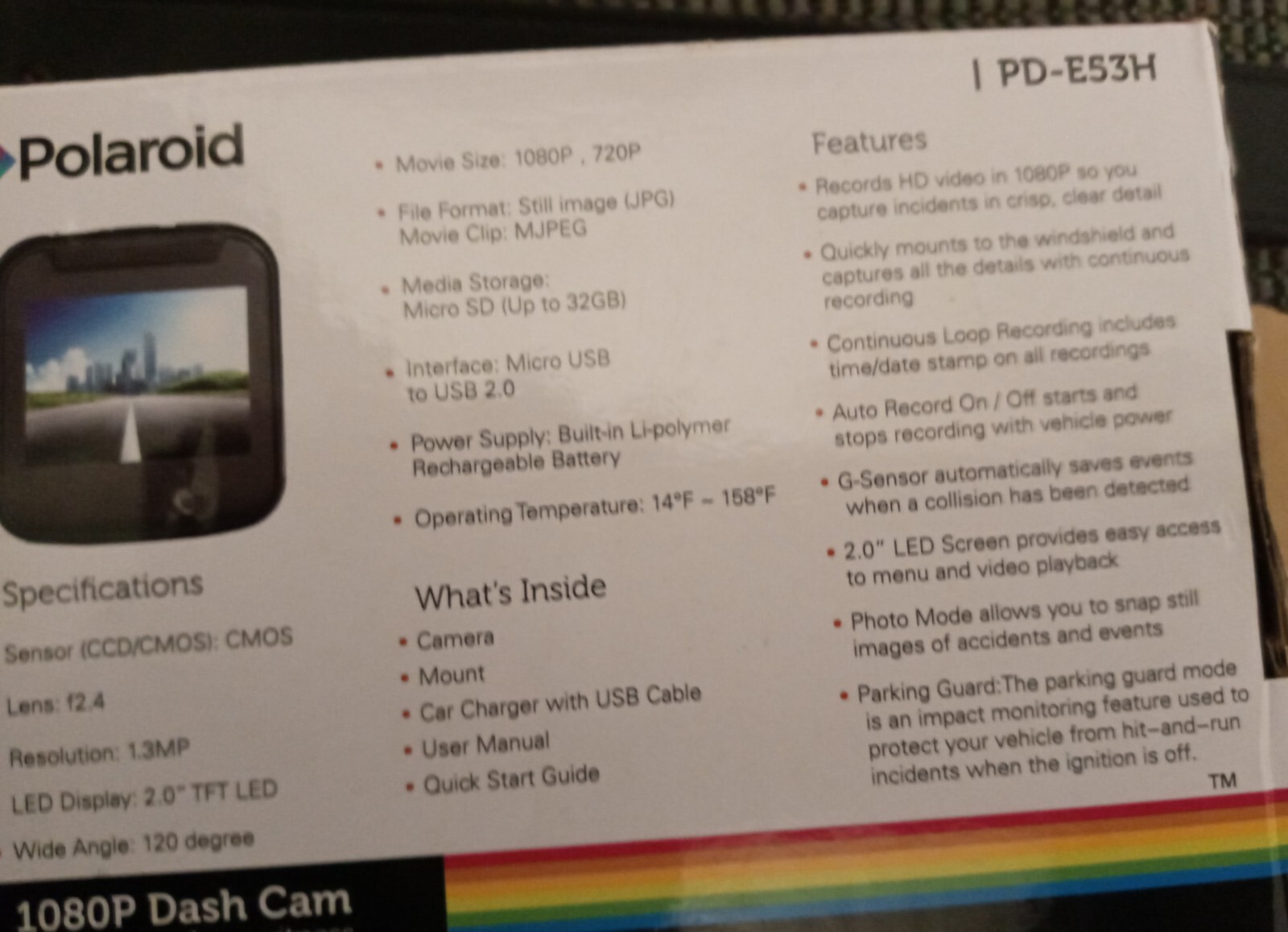 Polaroid 1080P HD DASH CAM PD-E53H Dashboard Camera