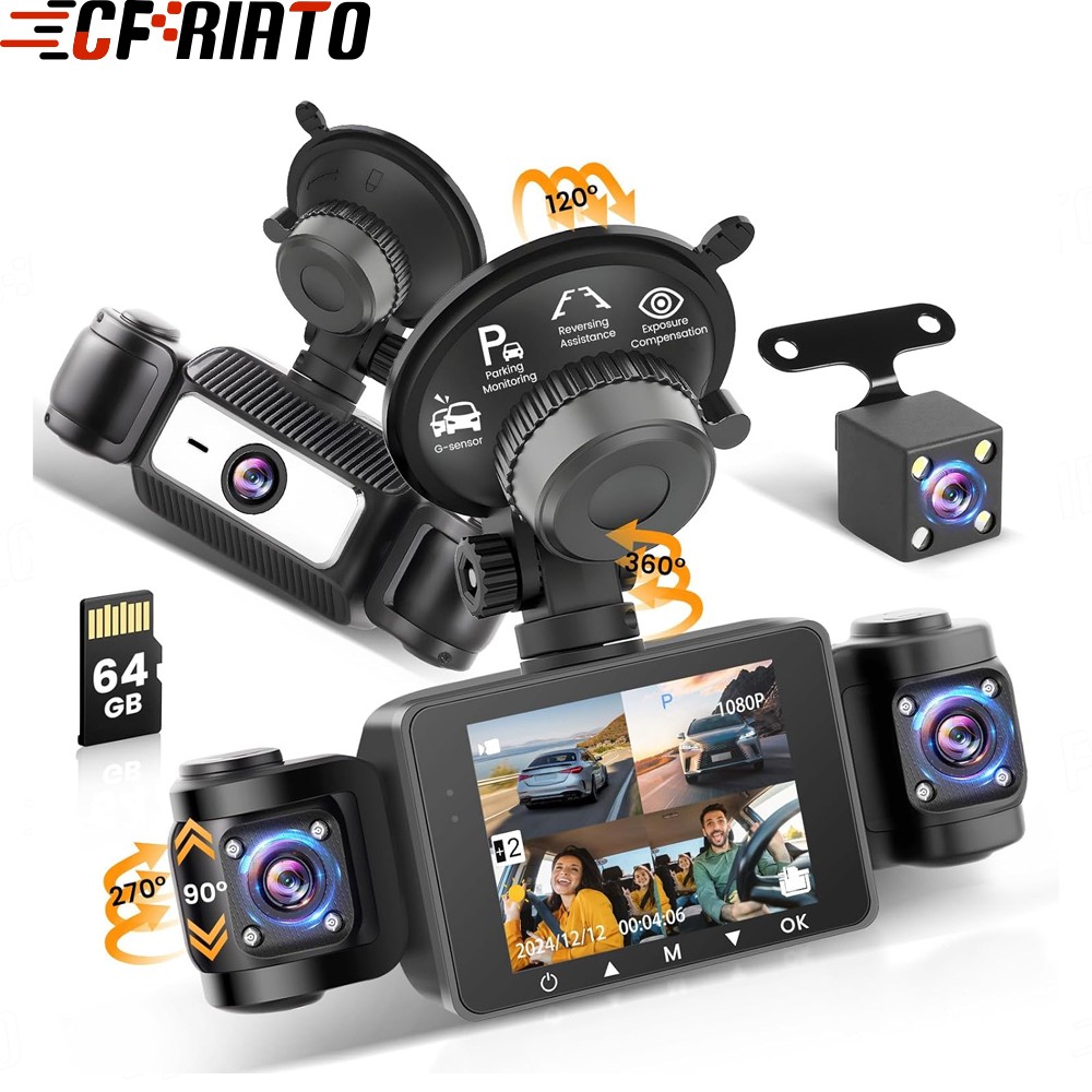 4 Channel Dash Cam 360° Dash Camera HD 1080P 4 Lens Driving Recorder w/64GB Card
