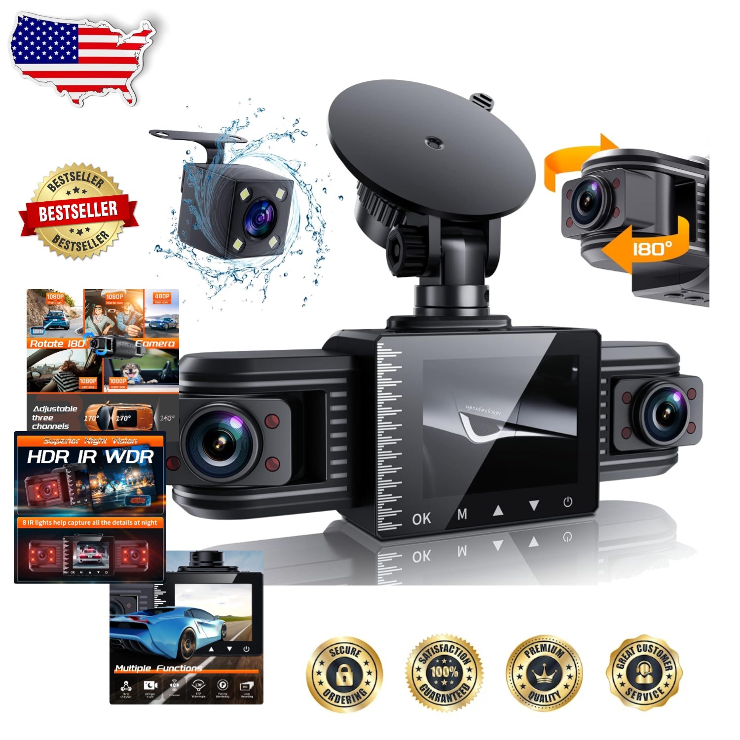 T1-pro 3 Channel 1080P Dash Cam Front Rear Inside – 170° Wide Angle, 8 IR Nig…