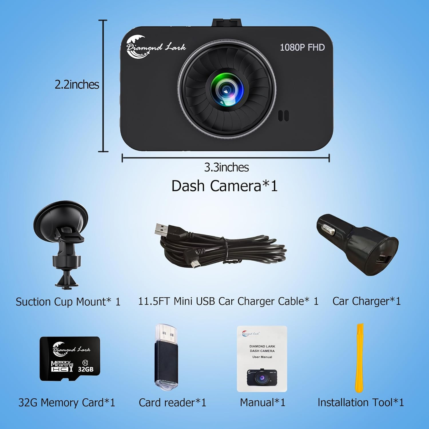 1080P Full HD Dash Camera for Cars, Dash Cam Front with 32G SD Card