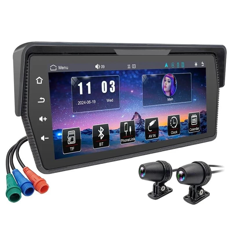 6.86 Inch Motorcycle Screen with Dual Dash Cam, Wireless CarPlay & Android