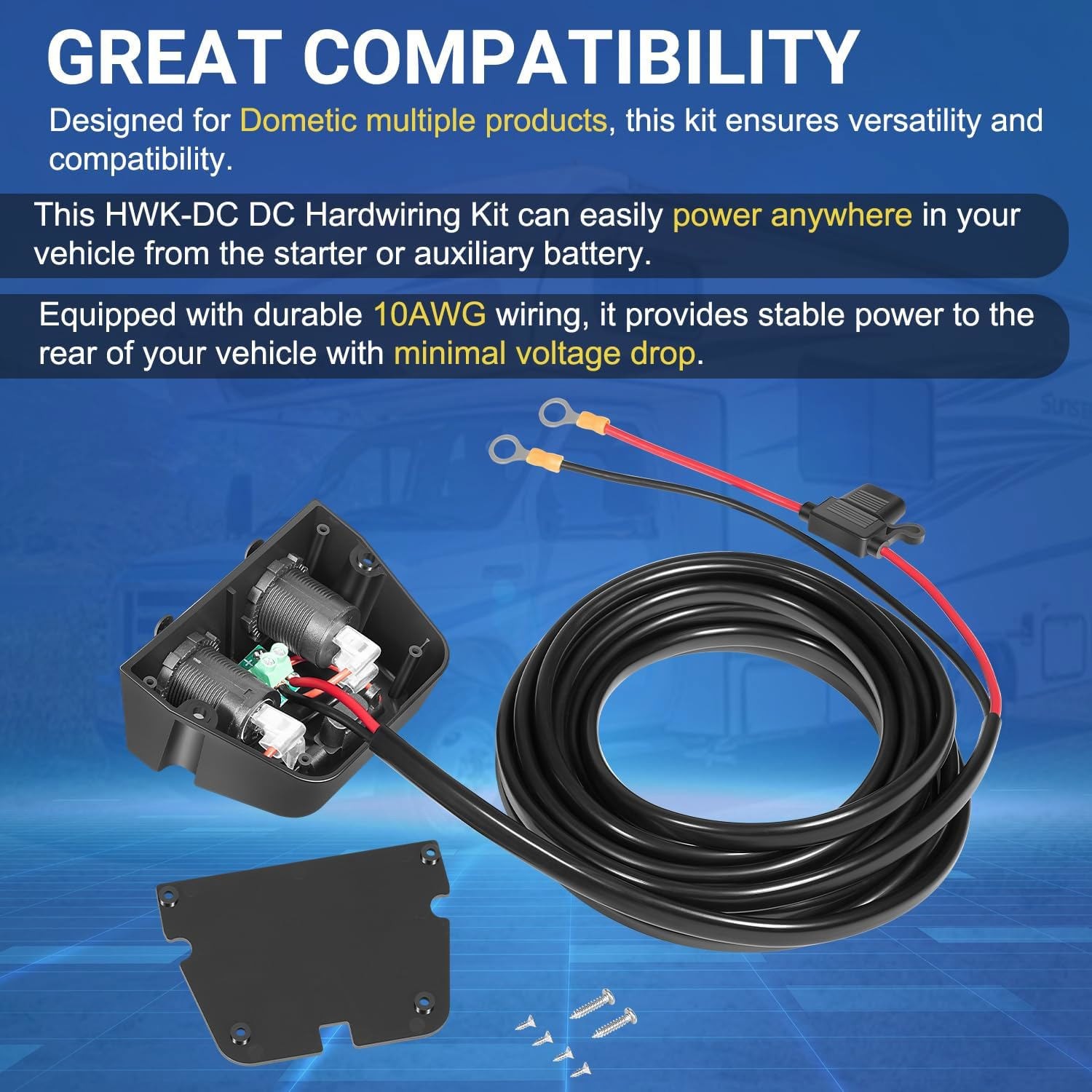 HWK-DC DC Hardwiring Kit 10AWG Wiring Cable Fit Dometic RV/Vehicle Power Supply