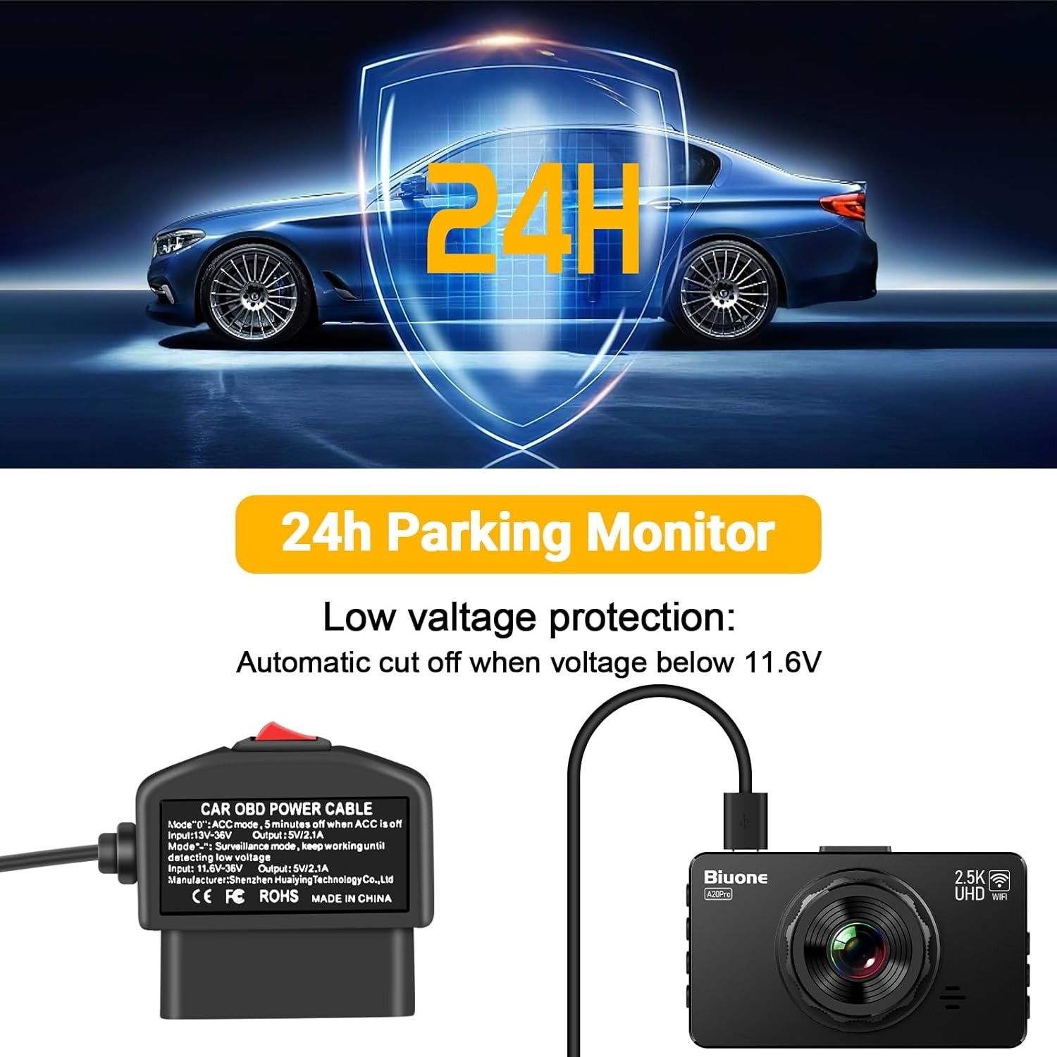 OBD Power Cable for Dash Cameras – 24/7 Surveillance Mode, Type-C Port, 11.5 Ft