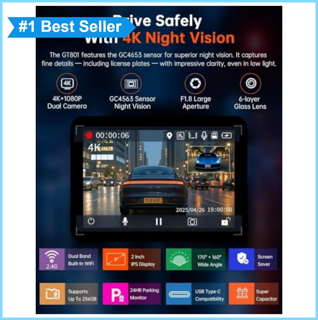 Dash Cam Front Rear 4K 1080P Built in WiFi GPS 32GB SD Card Night Vision Loop