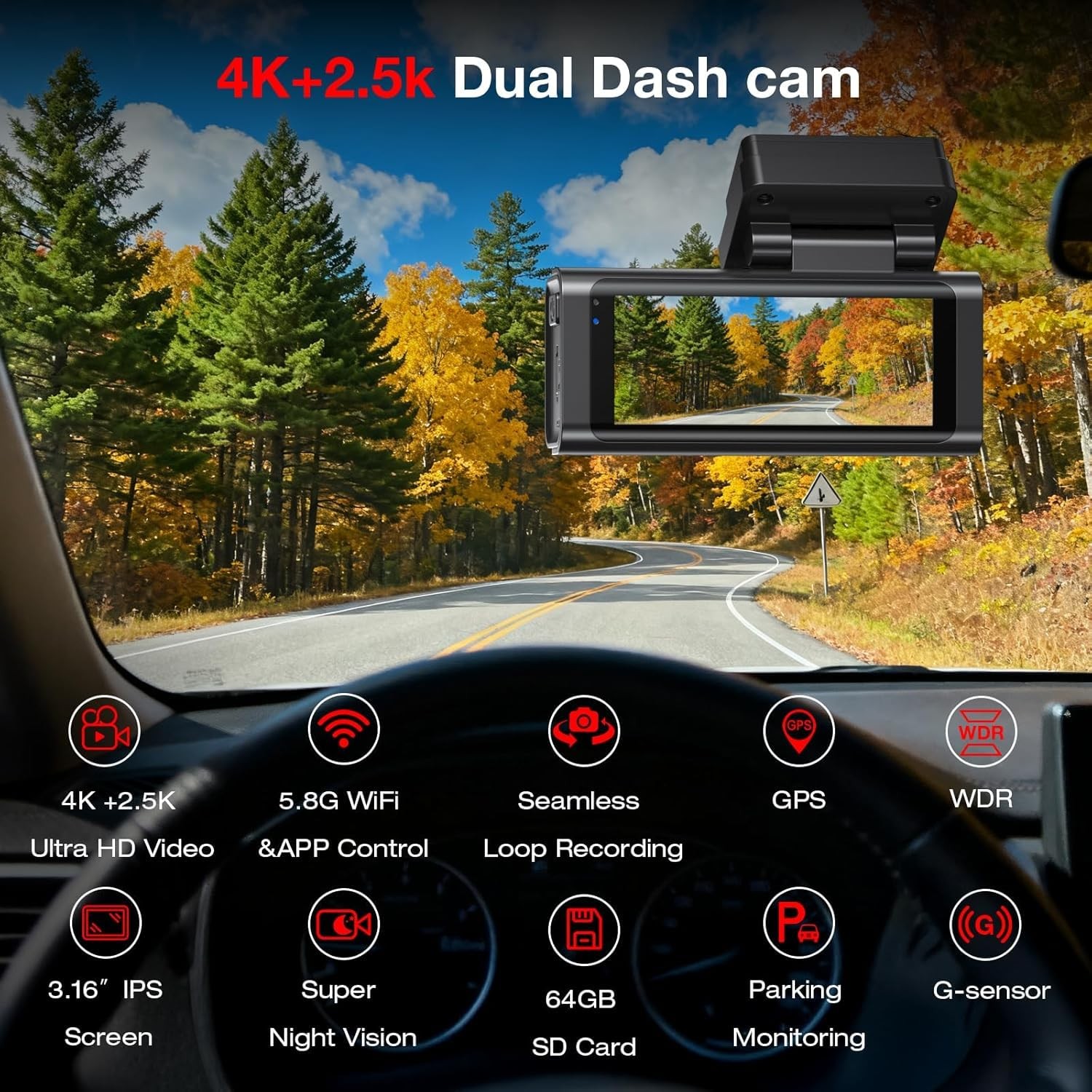 Beferich J18 4K 2.5K Dual Dash Cam GPS WiFi 64GB Card 256GB Max front rear night
