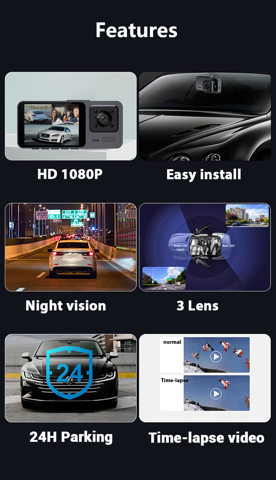 1080P 3 Lens Car DVR Dash Cam Front/Rear/Inside Video Recorder Camera G-sensor