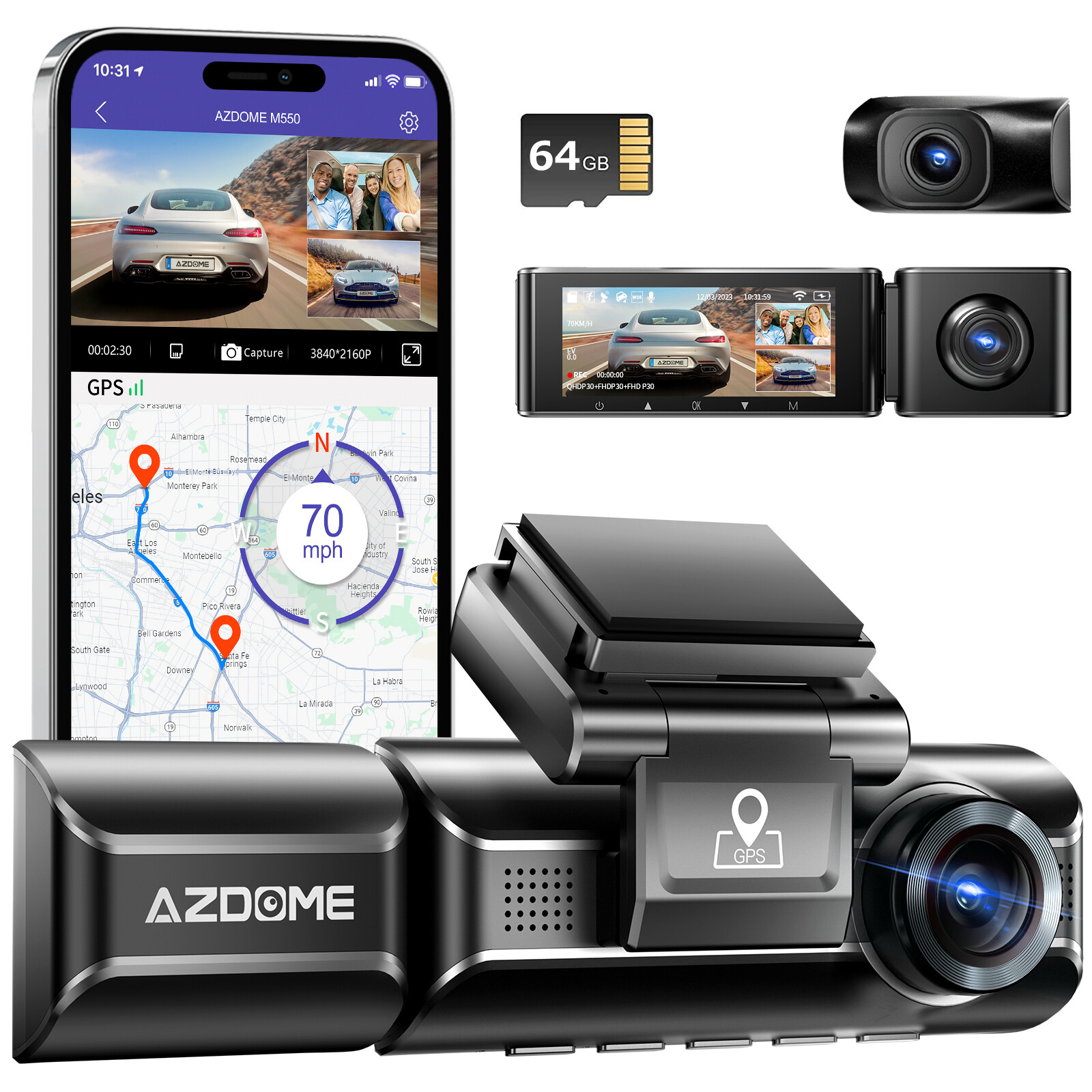 AZDOME 4K 3 Lens Car DVR Dash Cam Video Recorder G-Sensor Front Inside Camera