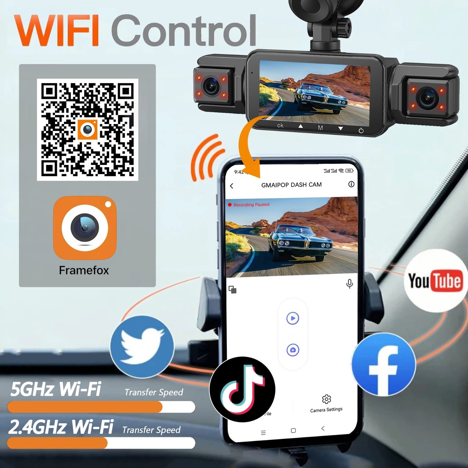 4-Channel Wi-Fi Dash Cam 1080P Night Vision Loop Recording + Hardwire Kit