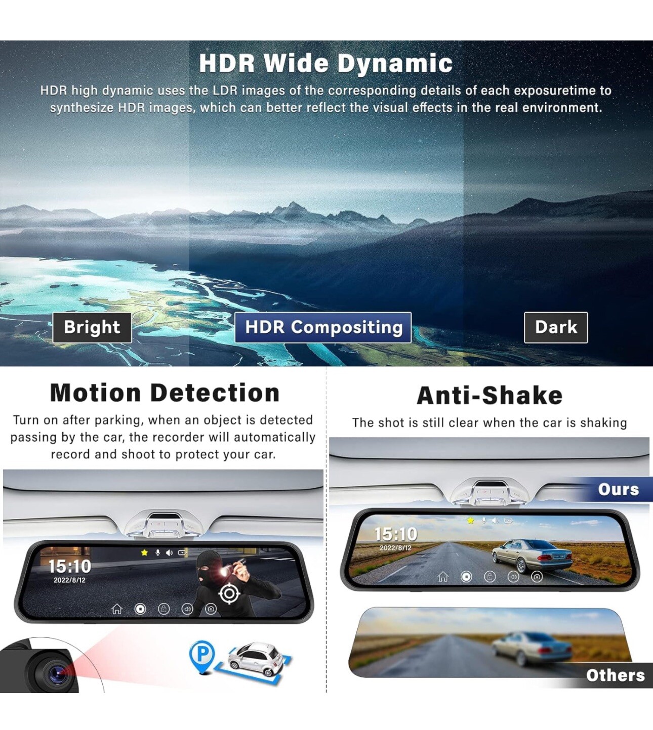 CAMECHO Touch Screen Rearview Mirror Dash Cam 9.66in 1080P Dual Front and Rear