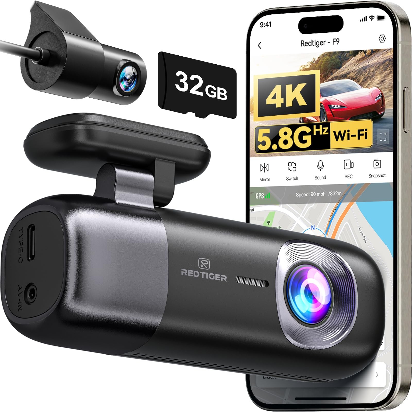 REDTIGER F9 Dash Cam 4K Front and Rear 1080P, WiFi GPS Car Camera with 32GB C…