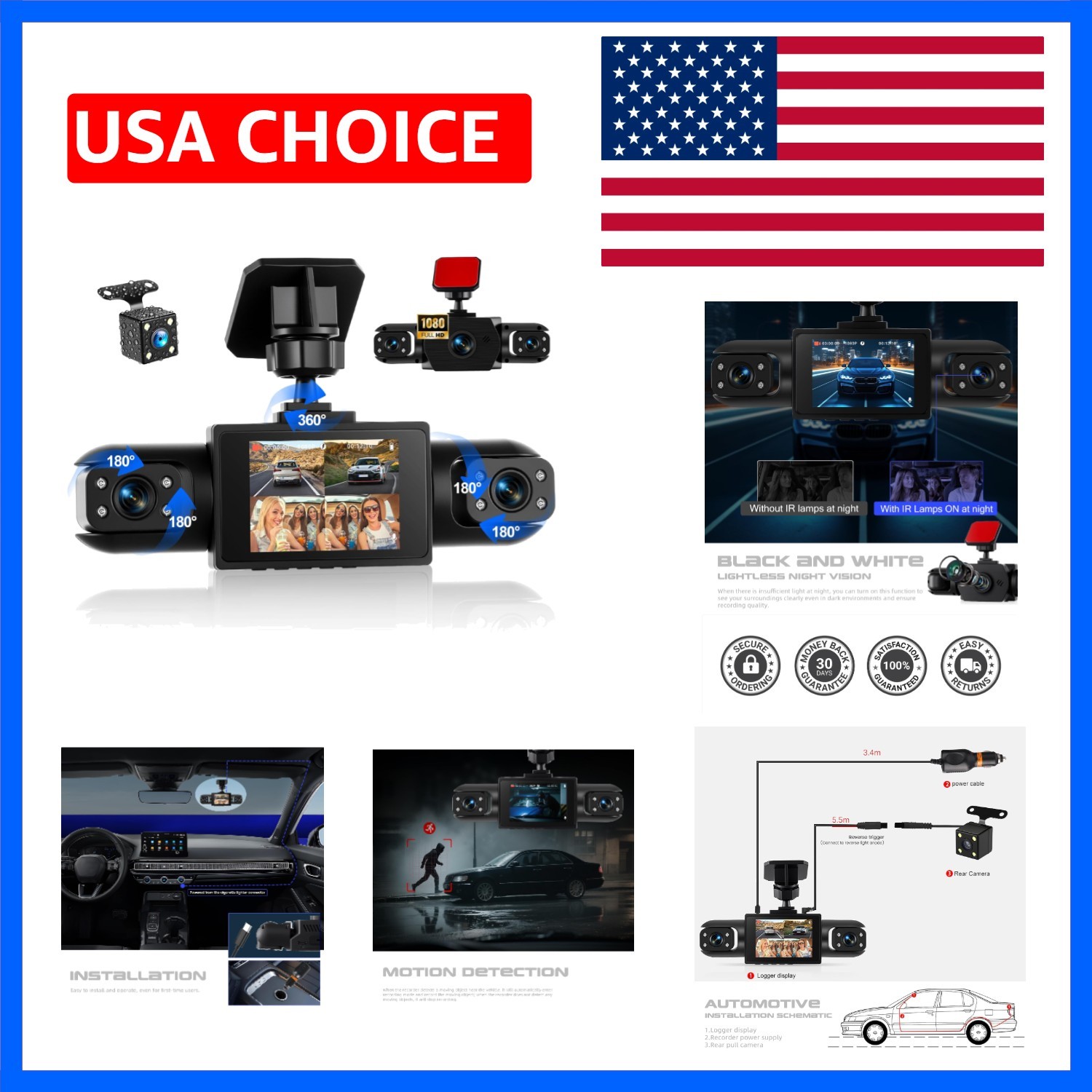 Dash Cam Front and Rear, 1080P Dash Camera for Cars, 4 Channel Car Camera Fro…