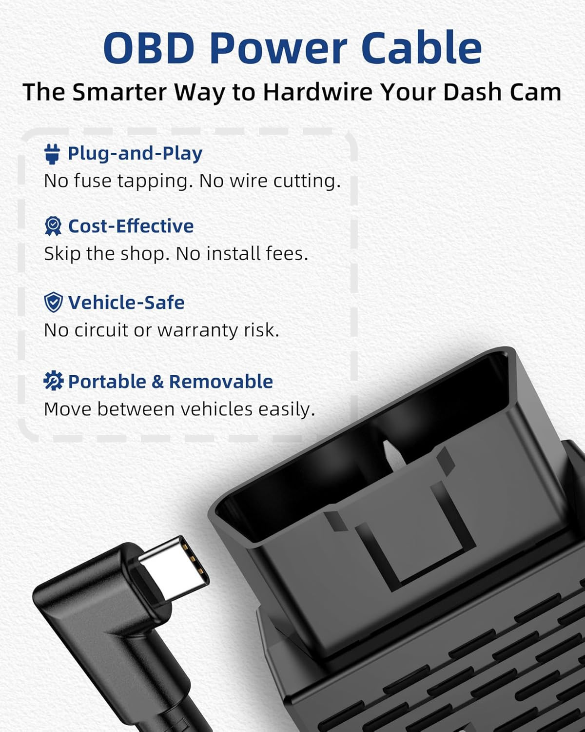 Dash Cam Hardwire Kit USB C – OBD Power Cable with 24H Parking Mode, Low Voltage