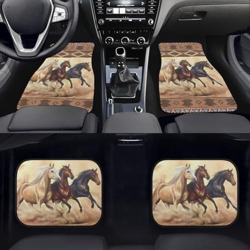 Horse Pattern Car Floor Mats Aztec Ethnic Style Three Horses Run in Brown