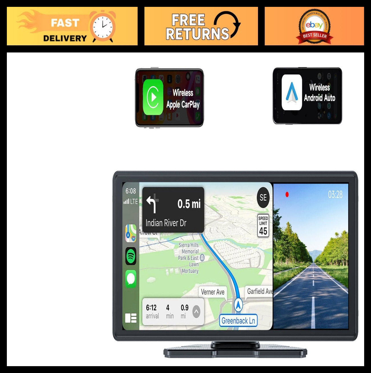 9.3” Portable CarPlay Screen & 4K Dash Cam – Wireless Apple CarPlay, Android Aut