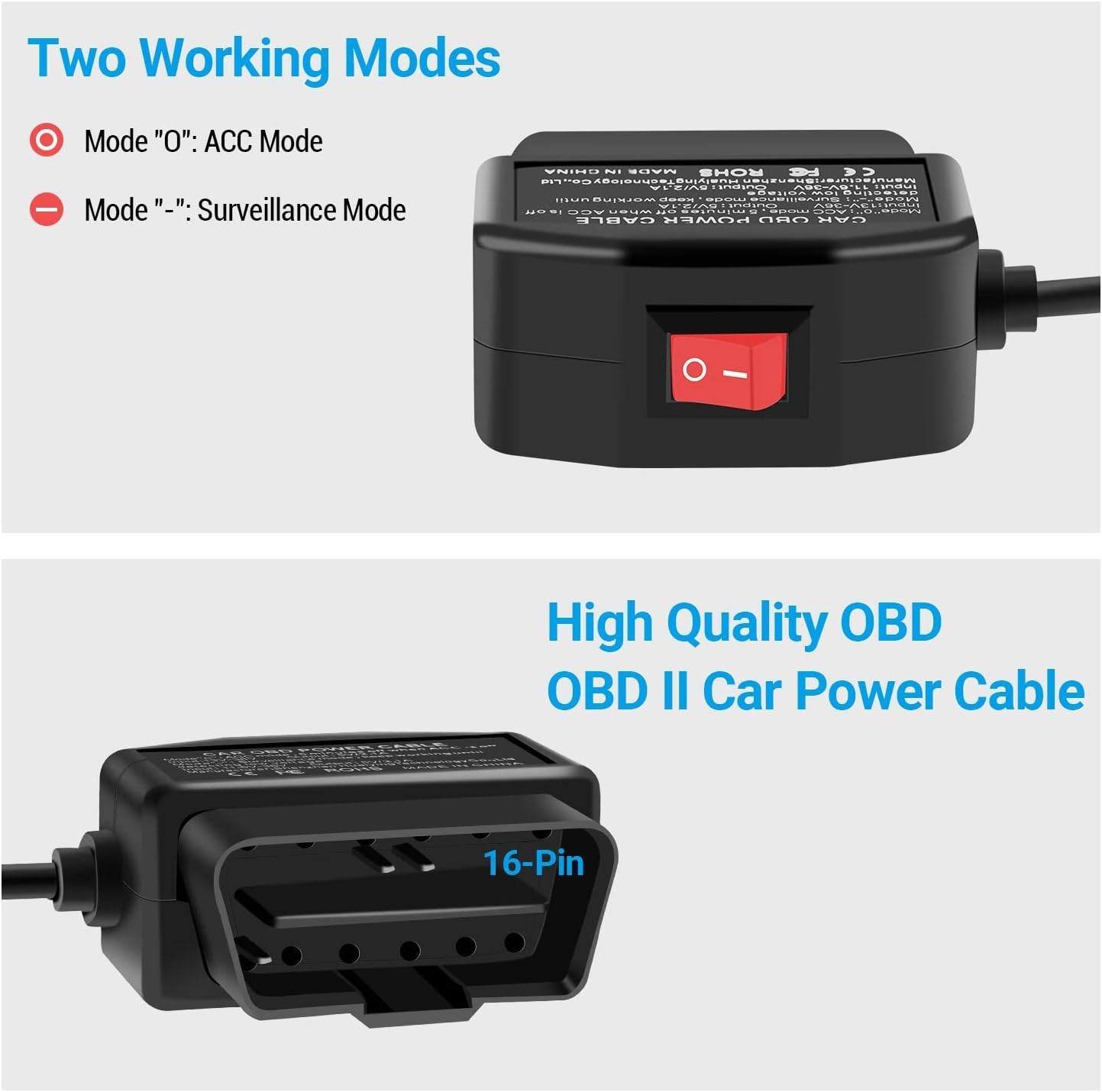 Upgraded Type-C OBD Power Cable for Dash Cameras – 24HR Surveillance Mode