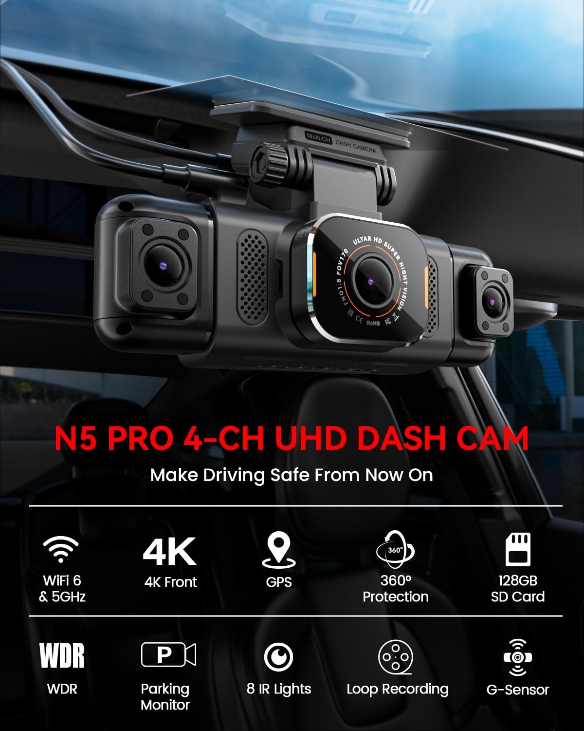 N5 PRO 4K 4 Channel Dash Cam, 360° All-Around View, 1080P Rear and Inside, 5G…