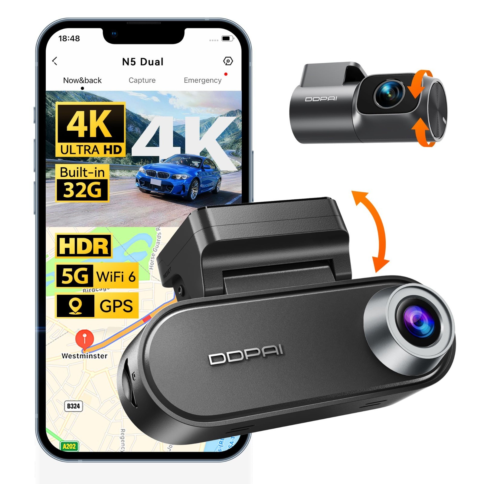 4K Dual Dash Cam Front & Rear, 2160P+1080P, GPS, 5G WiFi, Night Vision, Radar De