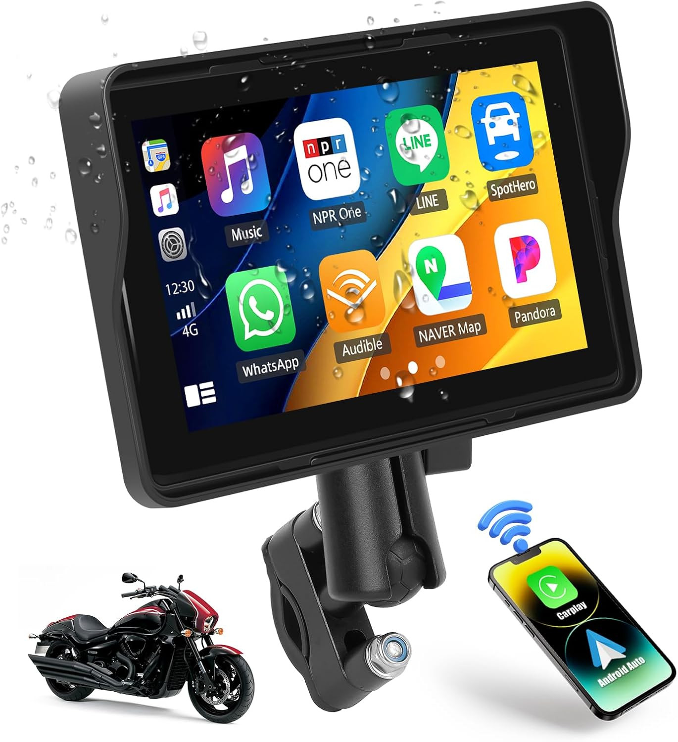 Motorcycle Carplay Screen, 5″ Waterproof Portable Wireless Carplay Android Auto