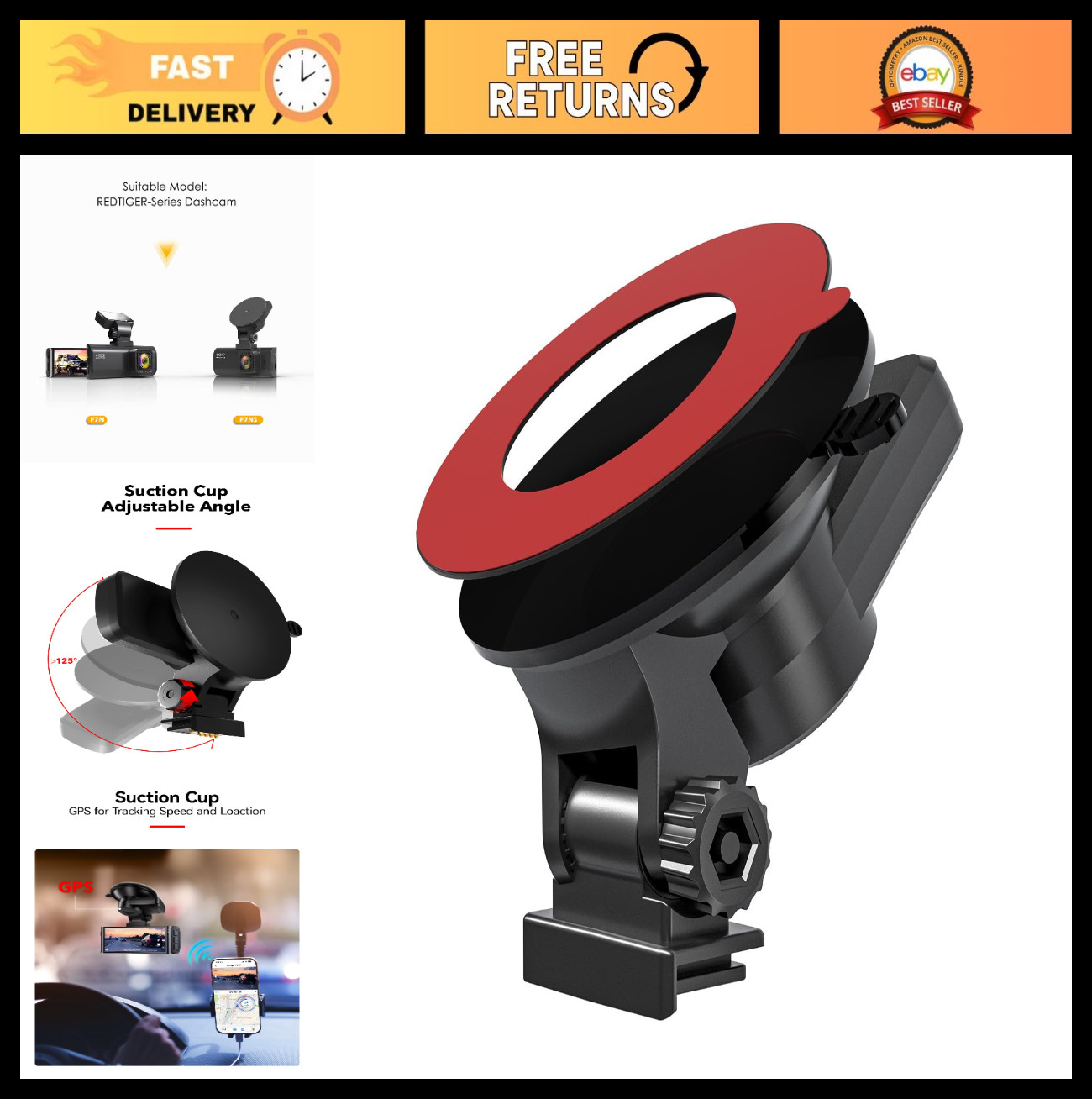 Suction Mount for F7N Dash Cam, Built-in GPS, Easy Install, 180° Rotatable, Adhe
