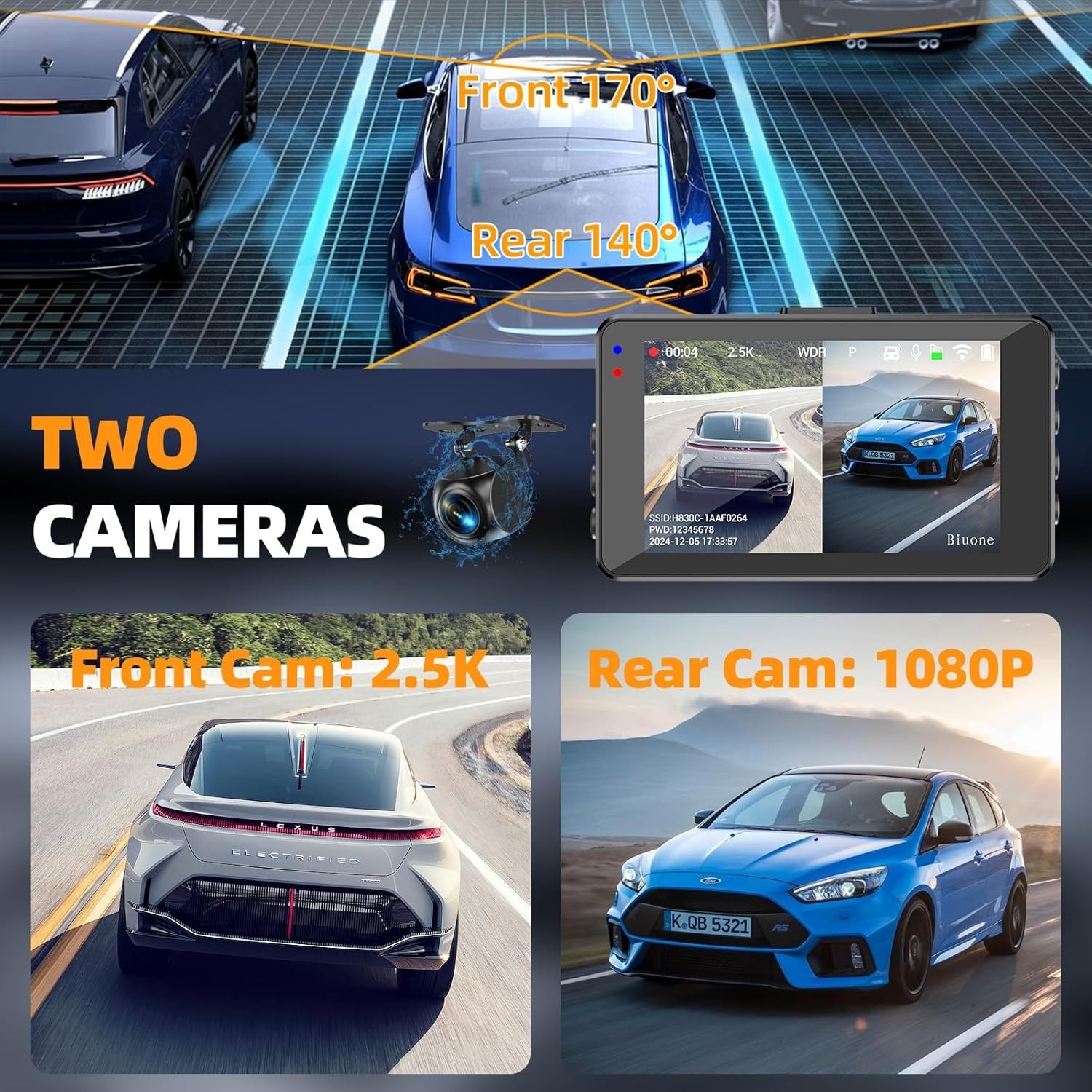 Super Night Vision Dash Cam: 2.5K Front & 1080P Rear with G-Sensor & App Control