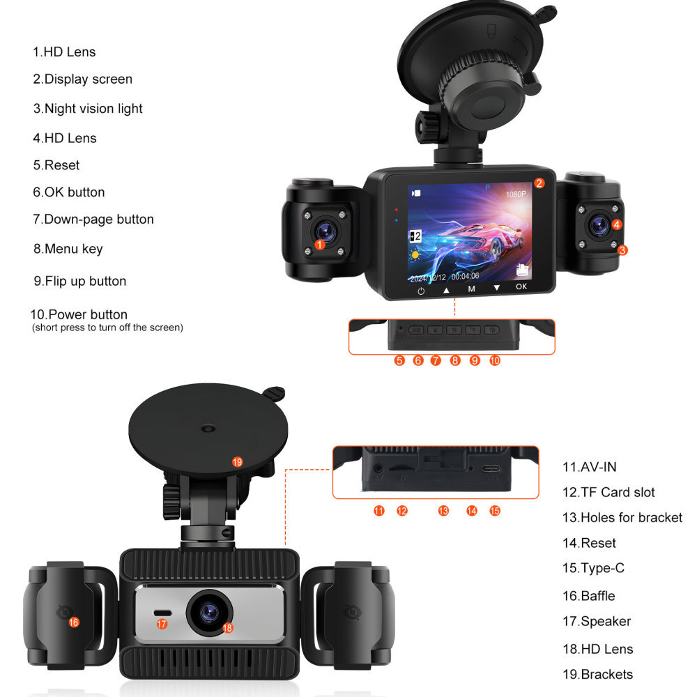 4 Channel Dash Cam 360° Dash Camera HD 1080P 4 Lens Driving Recorder w/64GB Card
