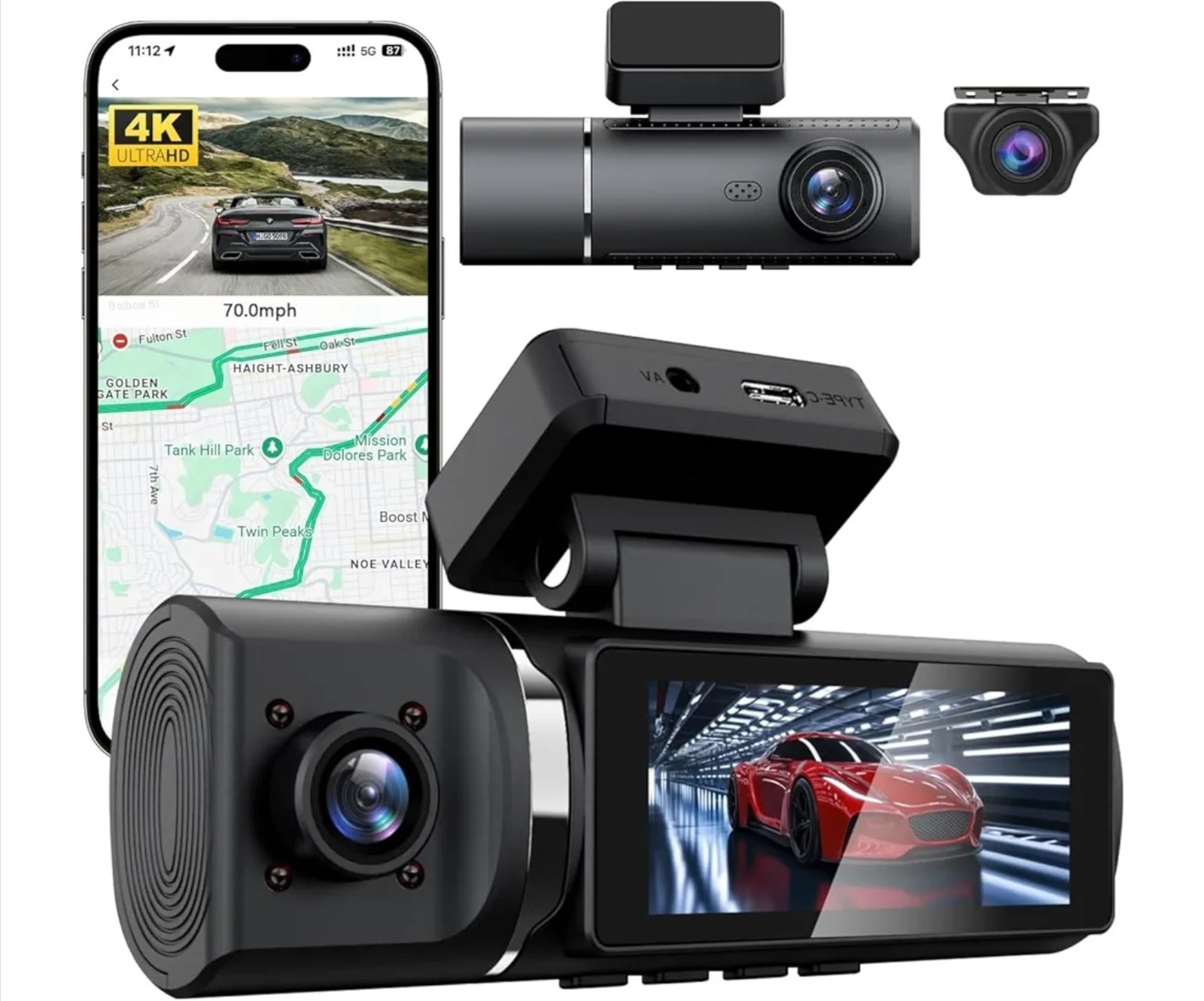 Catcatch 3 Channel Dash Cam,4K+1080P+1080P, Night Vision, Voice Control