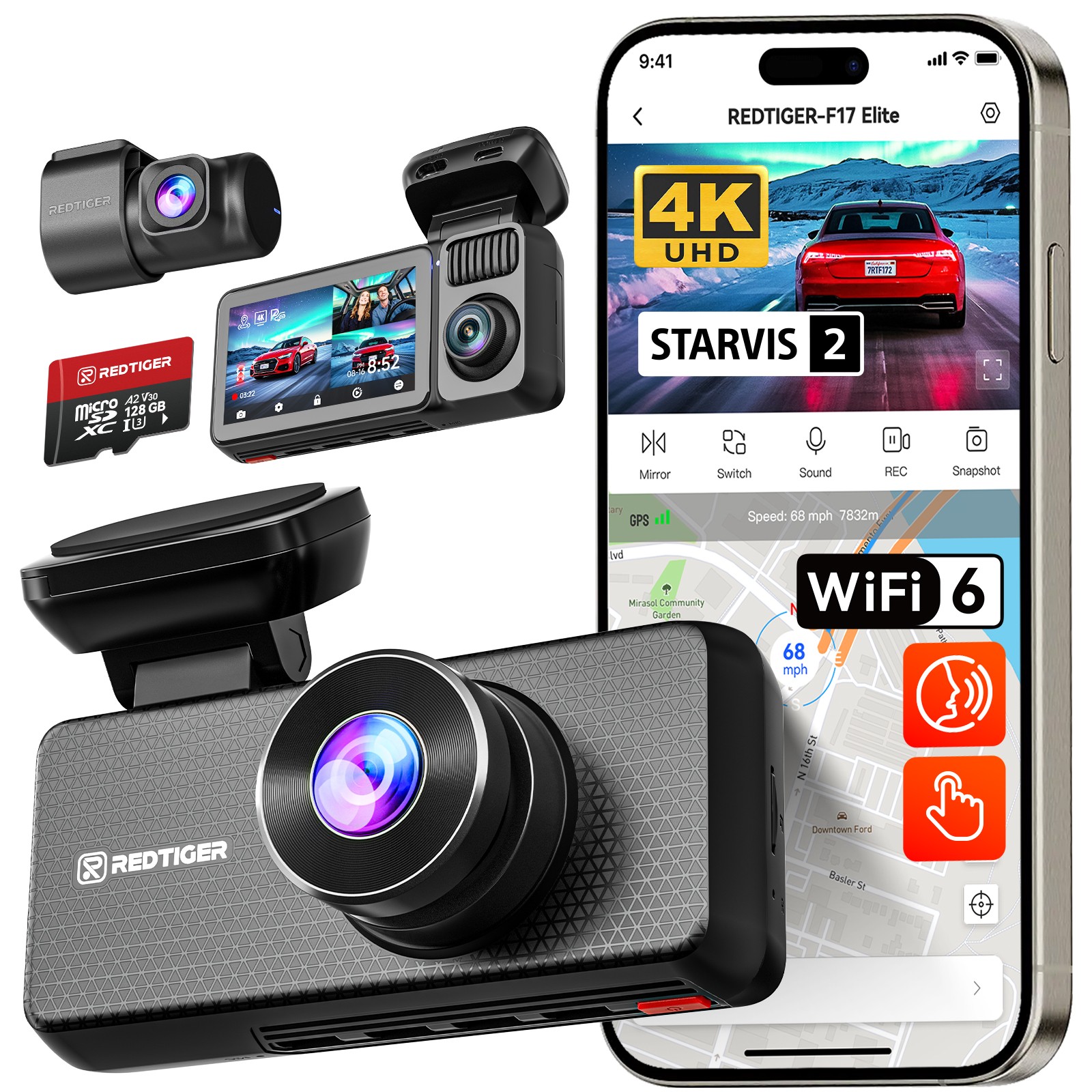 REDTIGER 3 Channel 4K+2.5K+1080P Front Rear Inside 128GB Car Dash Cam,STARVIS 2