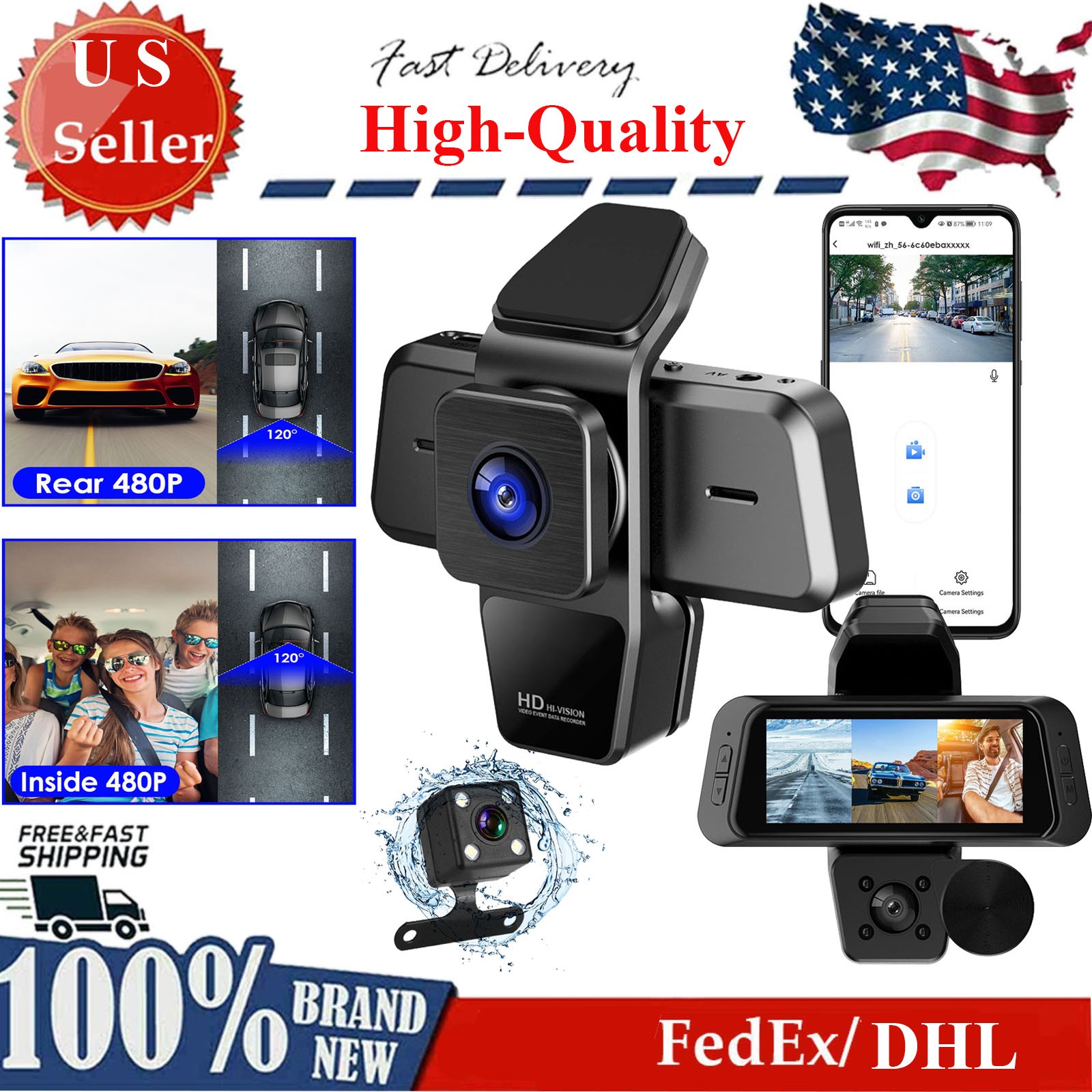 1080P FHD Dash Cam With 3 ChannelsWiFi Dash Cam 170° Wide Angle Motion Detection