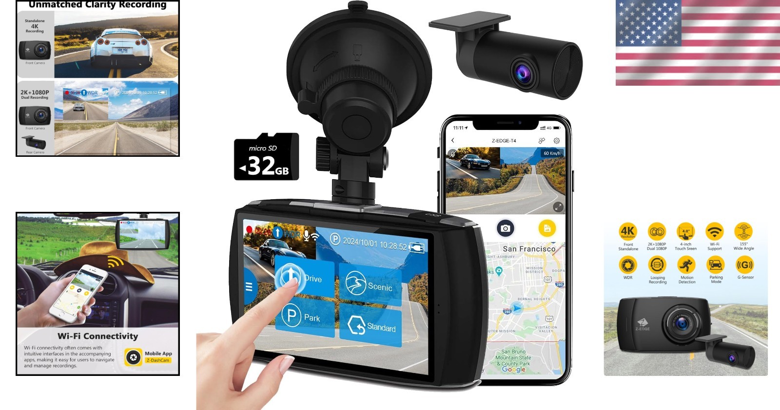 Z-Edge T4 Front and Rear Dash Cam, Night Vision, G-Sensor