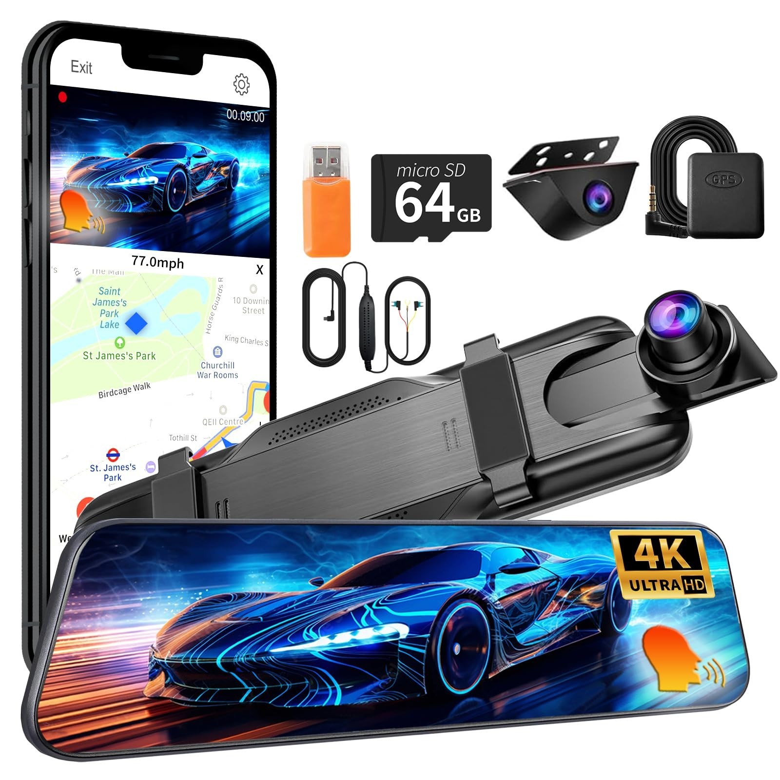 4K Dual Dash Cam with Voice Control, WiFi, GPS, Night Vision, 64GB Card Included