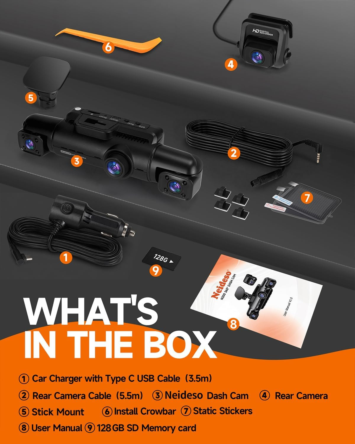 360° Dash Cam Front and Rear Inside, 4 Channel Dash Camera for Car | Free 128GB