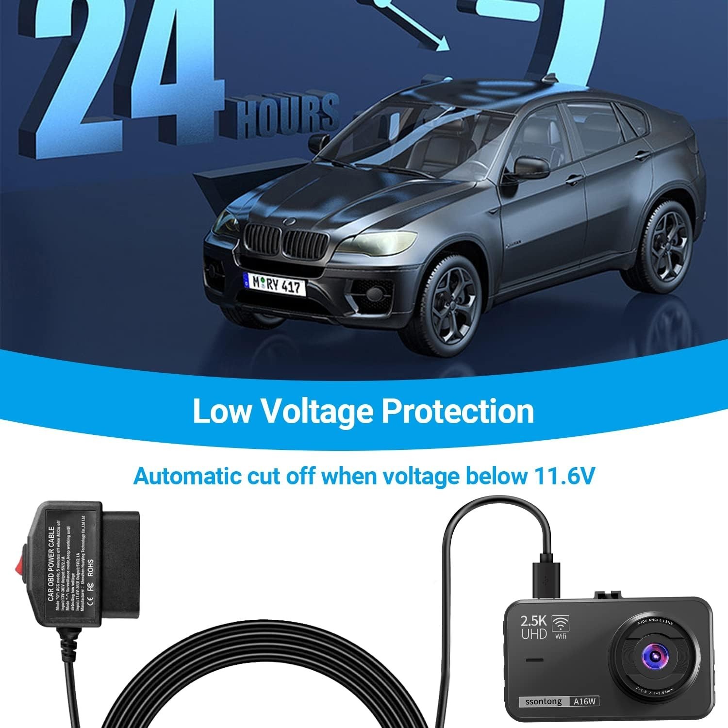 Upgraded Type-C OBD Power Cable for Dash Cameras – 24HR Surveillance Mode