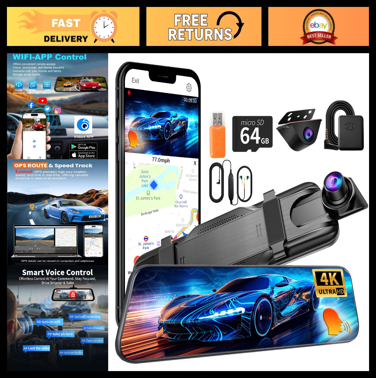 4K Dual Dash Cam with Voice Control, WiFi, GPS, Night Vision, 64GB Card Included