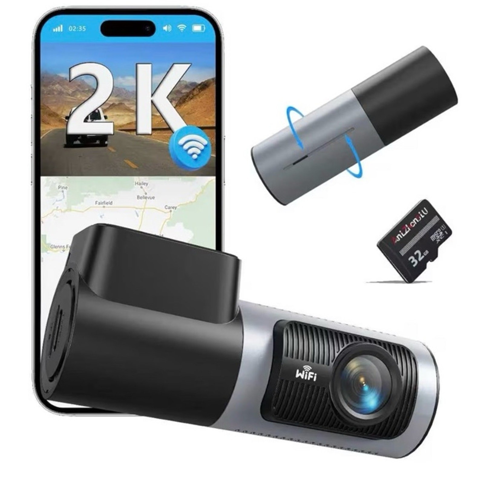 2K 1440P QHD Dash Cam for Cars, 32G TF Card Included, Front Car Camera with Wi-F