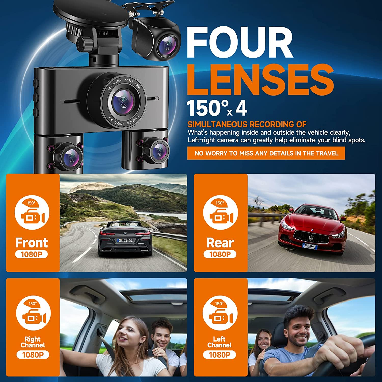 Dual Dash Camera Quality 4 Channel Dash Cam Front and Rear Dash Camera for Cars