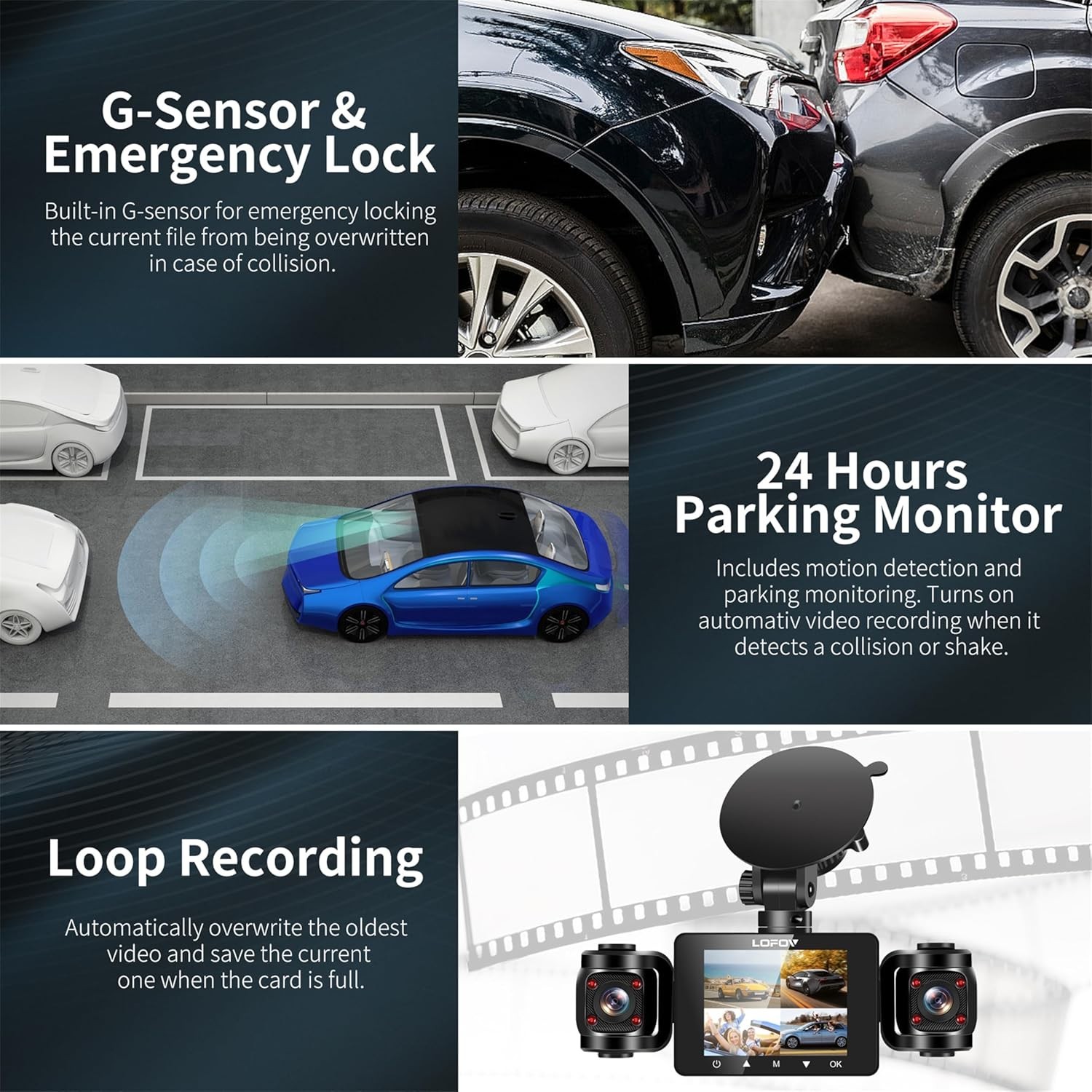 4 Channel Dash Cam 360°View,LOFOV 1080P Front and Rear Inside,Left Right 64GB SD