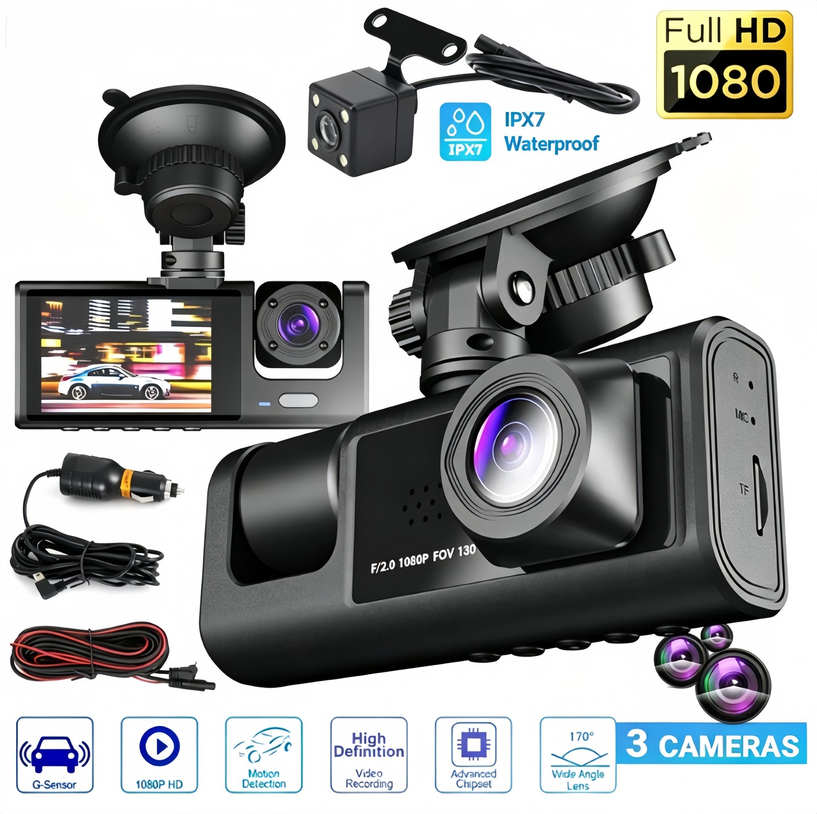 Dash Cam Car HD 1080P Front/Rear/Inside Dual Lens Video Recorder Camera G-Sensor
