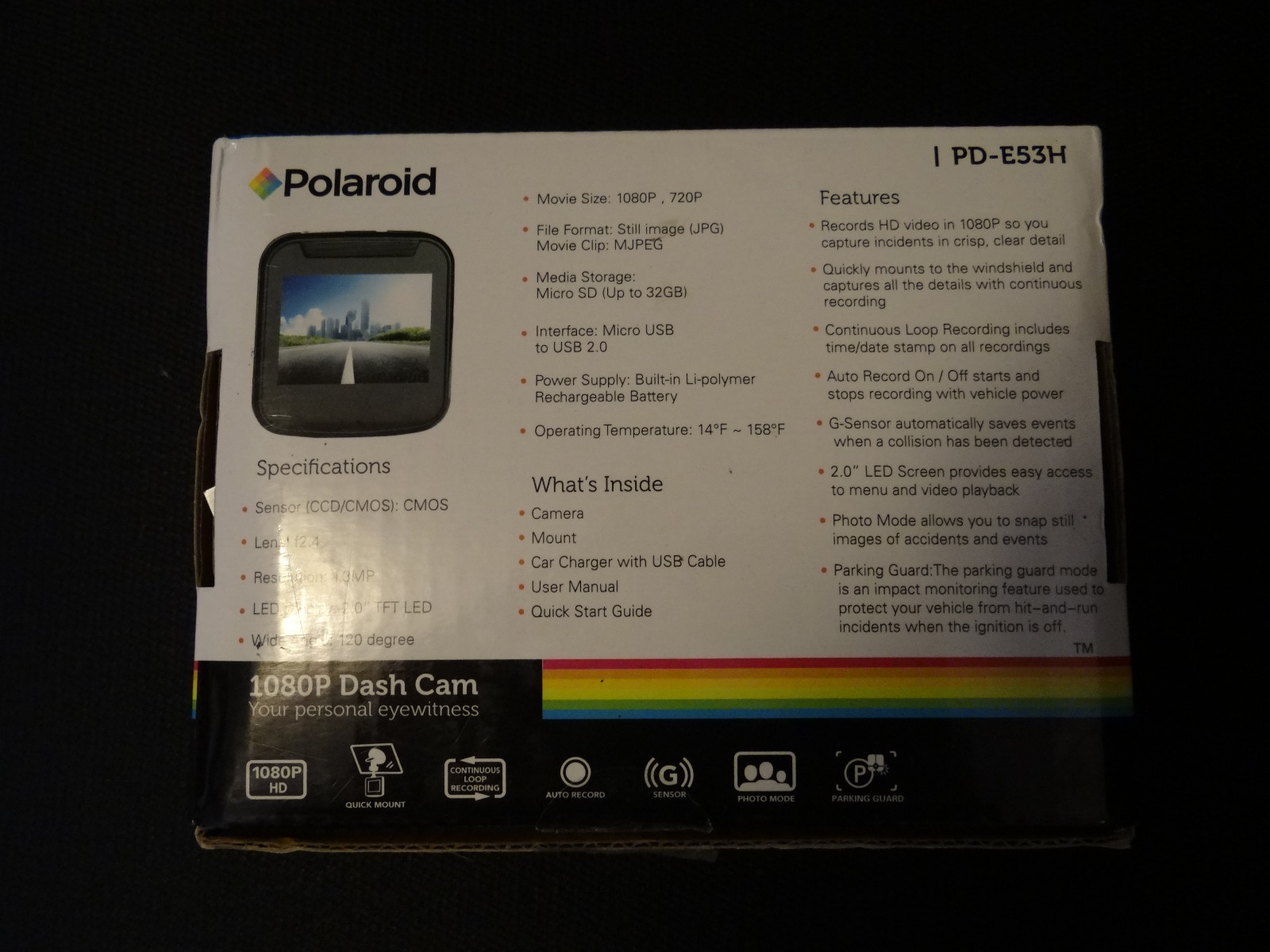 ~ New Open Box ~ Polaroid PD-E53H 1080P HD DashCam w/ 16GB Memory Card
