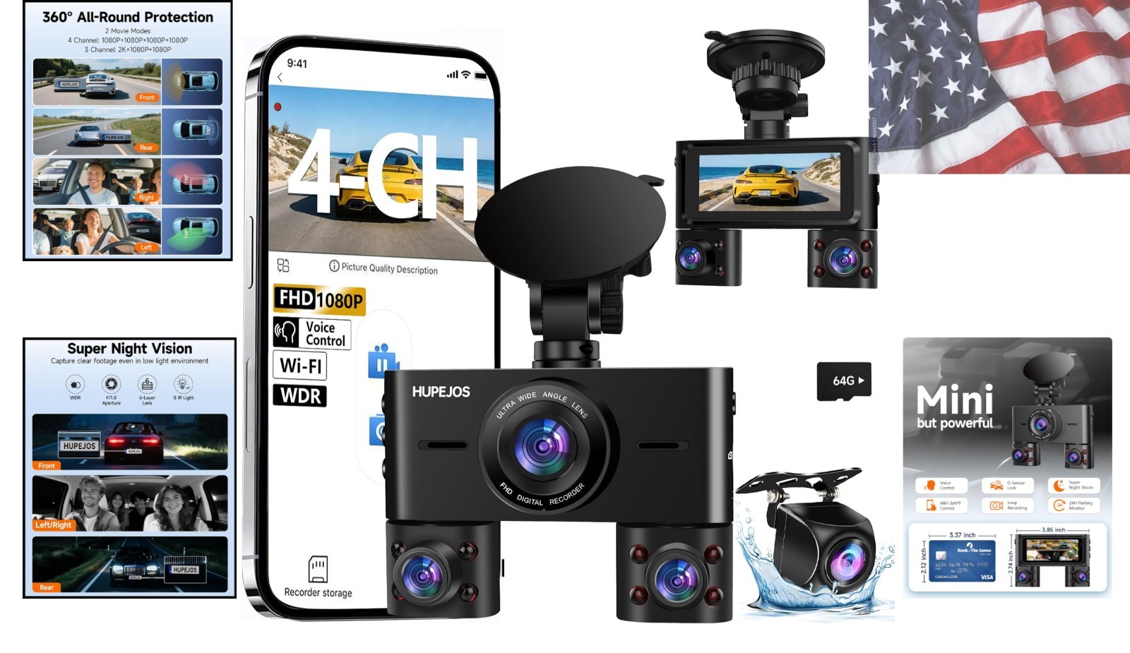 360° View Dash Cam Front and Rear Inside, 4 Channel Camera for Cars | 3.16” I…