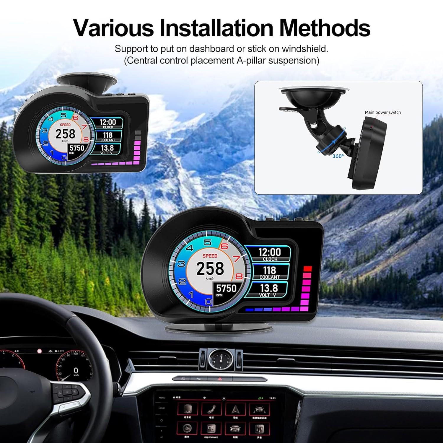 Head up Display HUD F16 with OBD2 + GPS Dual System Digtial Speedometer, 3.5″ IP