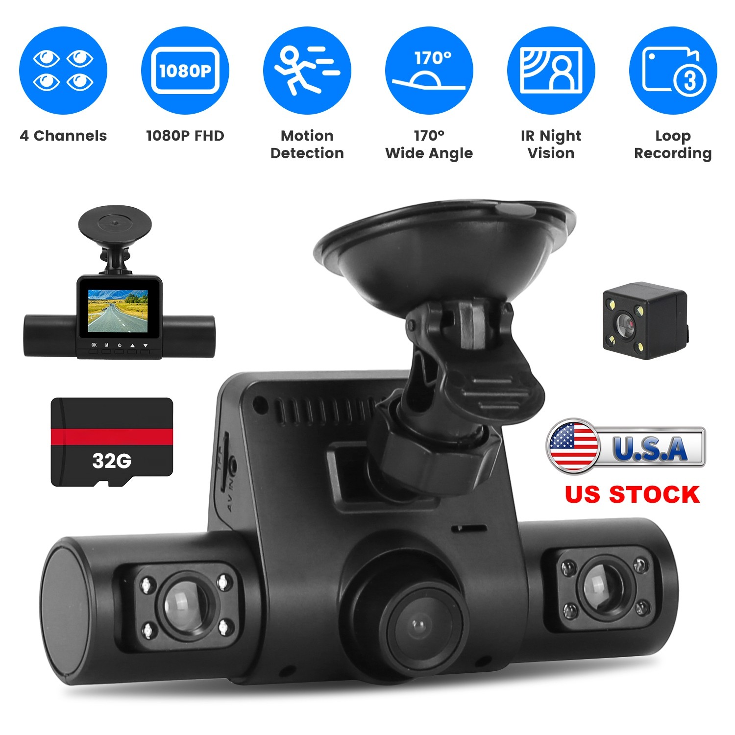 1080P FHD Car Dash Cam Front Inside Rear Camera Night Vision Video Recorder