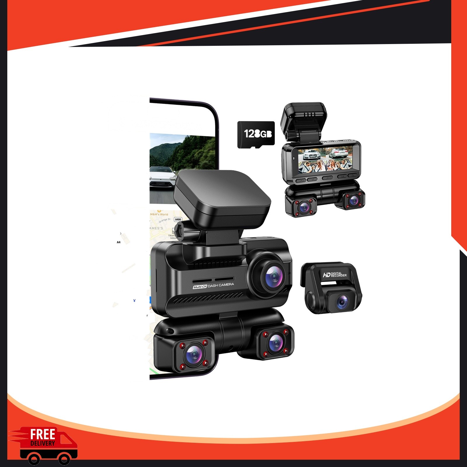 Dash Cam 360°Front and Rear Inside,4 Channel Camera FHD 1080P Recorder For Car