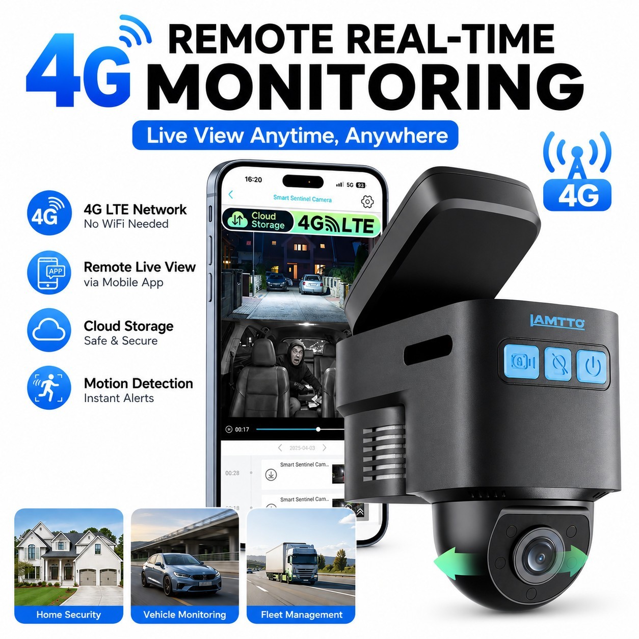 LAMTTO 4G LTE Dual 1080P Dash Cam Front & Inside Remote Live View Cloud Storage