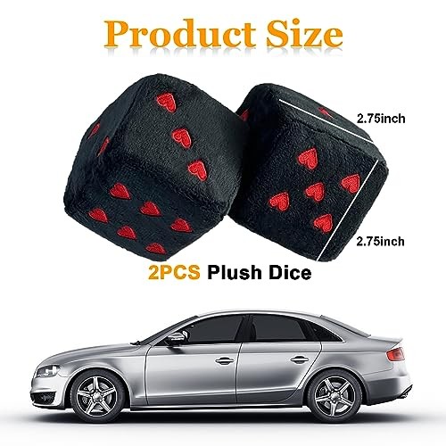 Ziciner Pair Fuzzy Plush Dice for Car Mirror, 3” Retro Square Dice Black&Red
